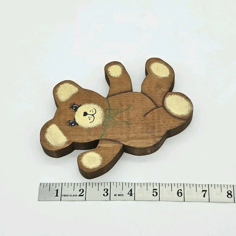 Vintage Handmade Wooden Country Teddy Bear Painted Shelf Sitters 80s Brown MCM